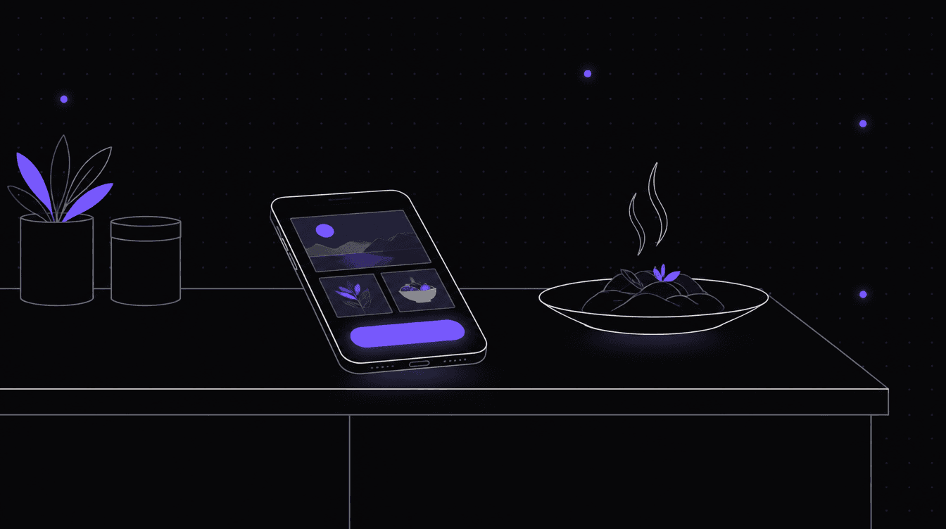 A phone on a kitchen counter showing a simple one-page menu with a single order button, next to a steaming plate
