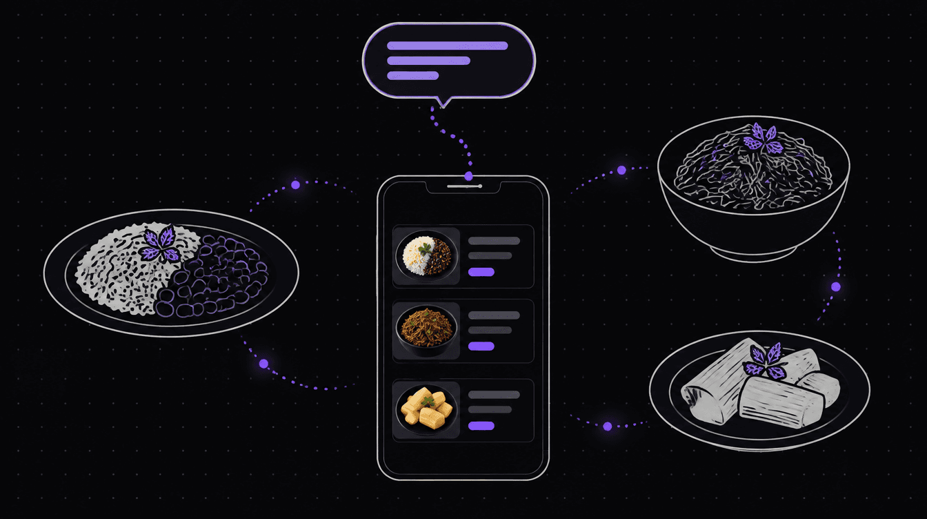 A phone showing a menu of home-cooked dishes with prices, with a chat bubble rising from it, surrounded by plates of rice and beans, shredded beef and yuca
