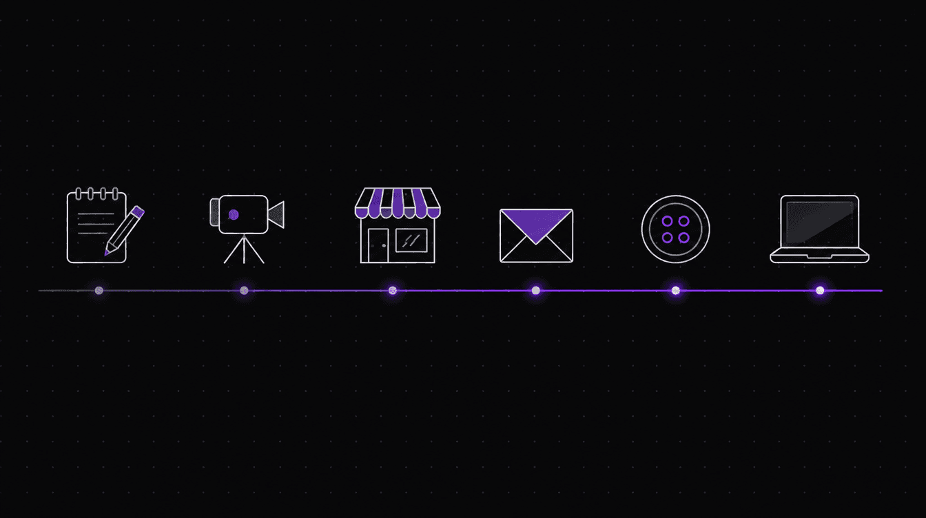 Six simple objects in a row along a line that brightens from left to right: a notepad, a video camera, a storefront, an envelope, a single button and a laptop
