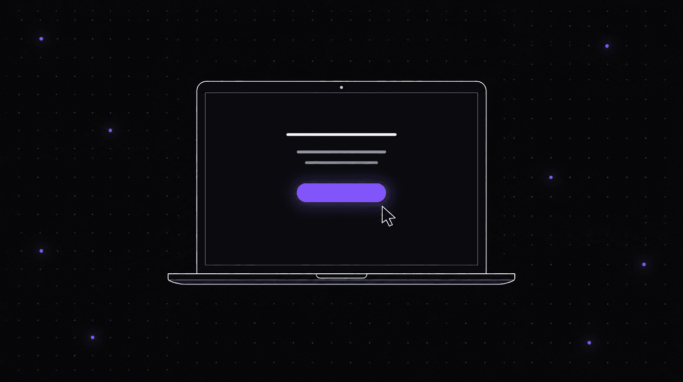 A laptop showing an almost empty web page with a heading, two short lines and one large button, with a cursor next to it