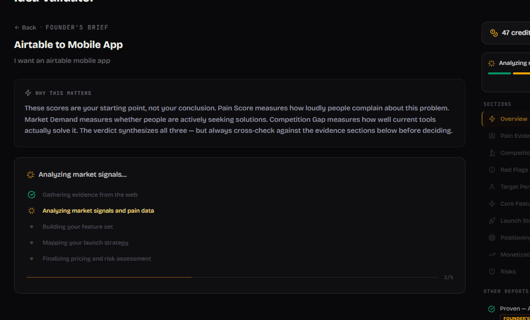 Proven dashboard while a Founder's Brief is being generated — step 2 of 5 active, amber spinner, live fetch in progress