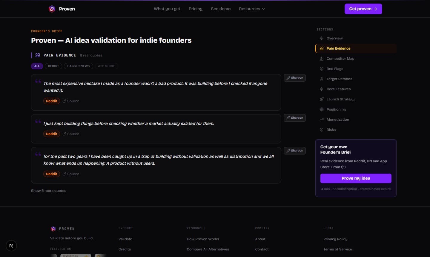 Pain Evidence section showing real quotes sourced from Reddit with links to original posts