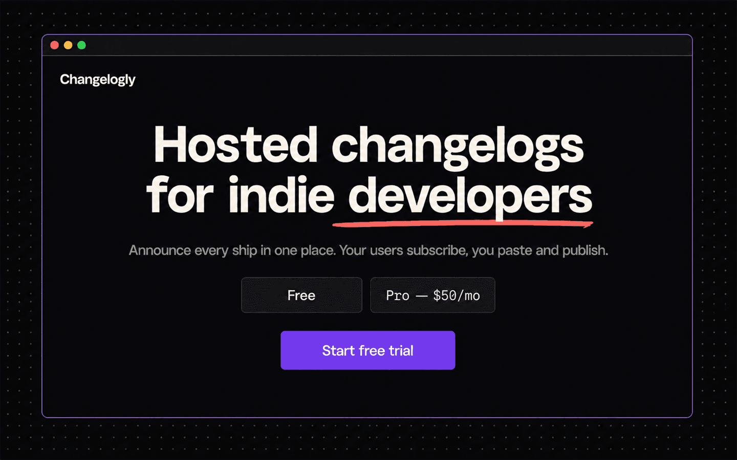 An example fake door landing page for a product that does not exist yet: a headline, a short description, a two-tier pricing row, and a Start free trial button
